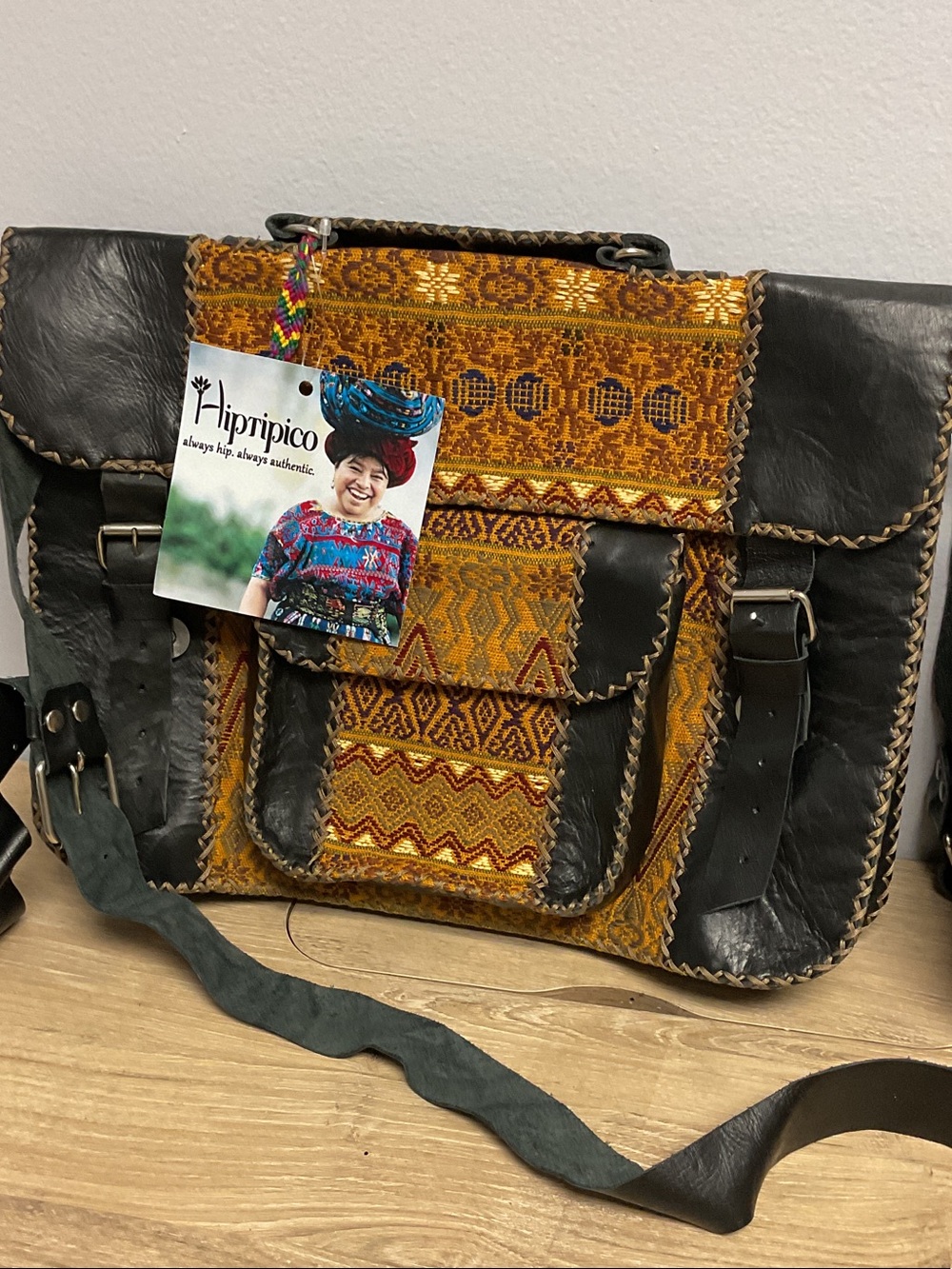 Women's Yellow Patterned Laptop Bag with Black Leather Trim